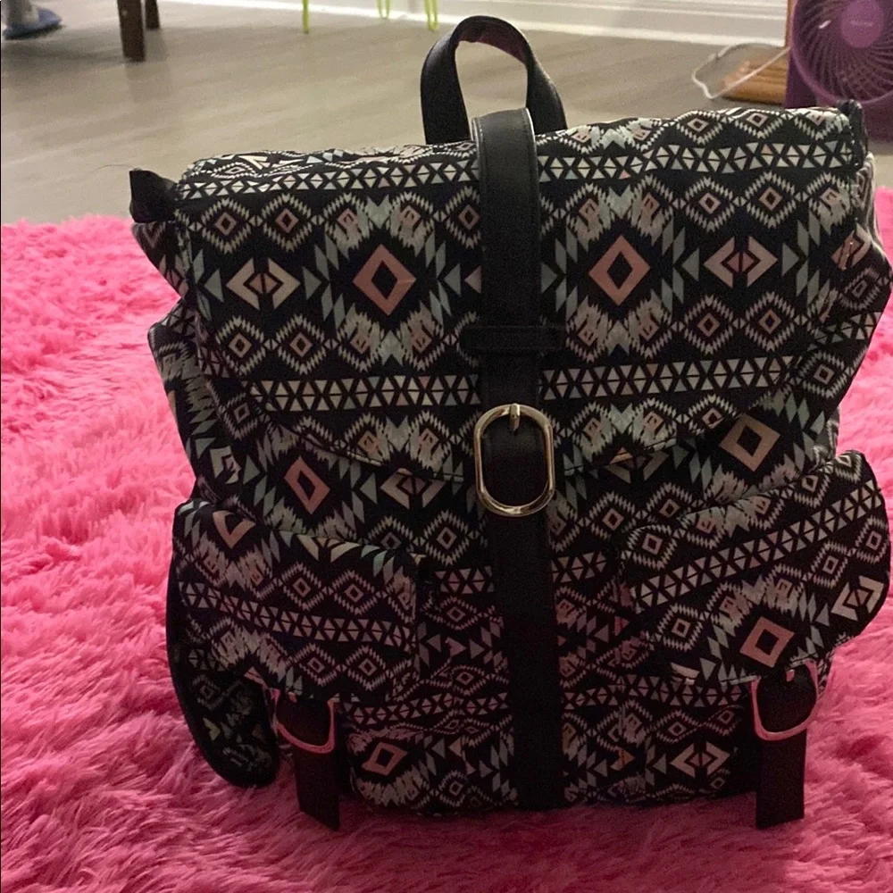 Black & Pink Aztec-Print Roll Top Backpack